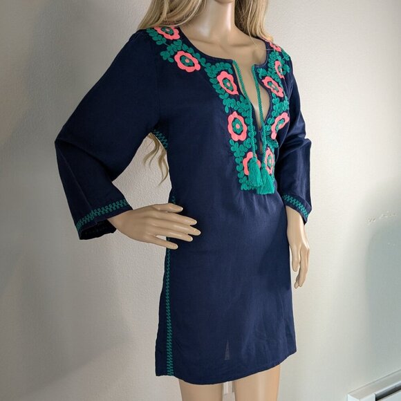 J. Crew Dress Large Blue Embroidered Beach Tunic Cover-up Tassels Linen-Blend - Picture 1 of 16